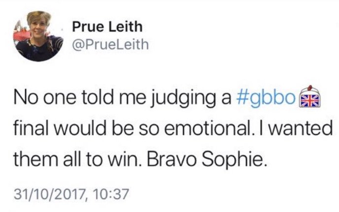 Prue Leith's Bake Off tweet revealing the winner early